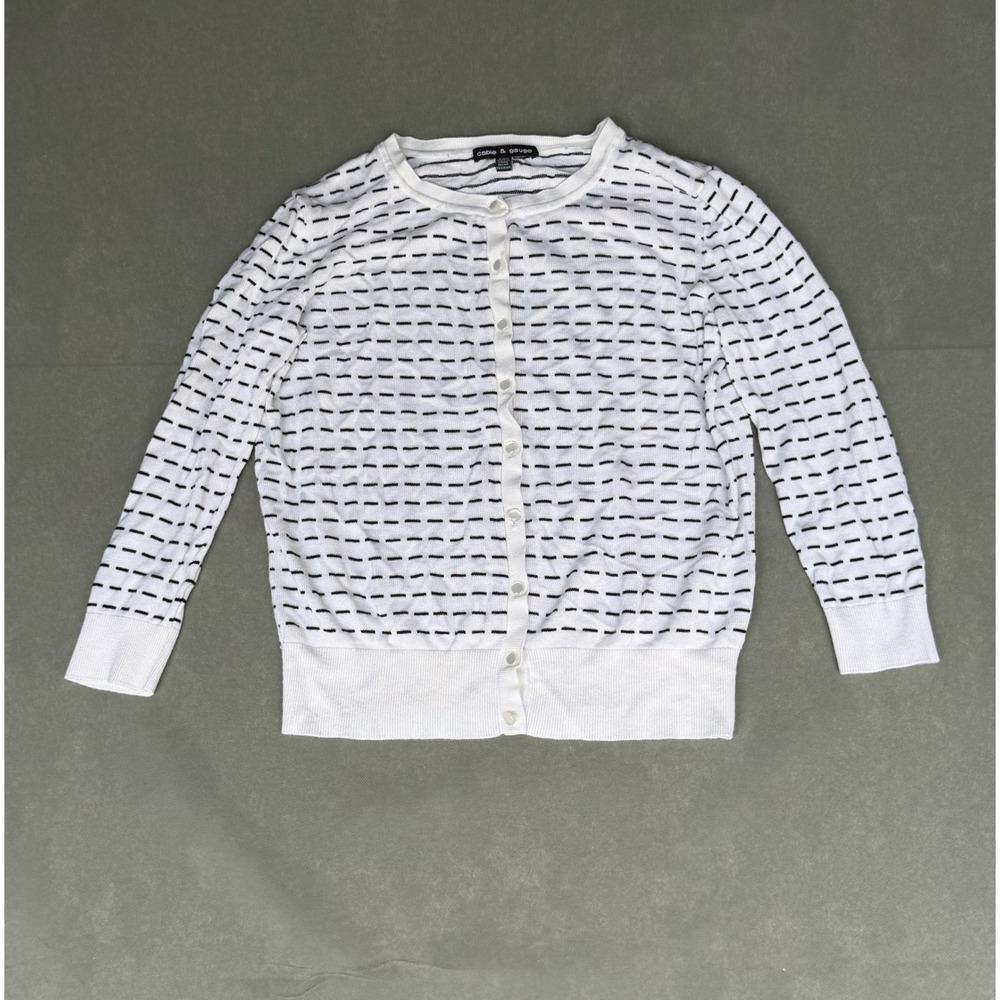Cable & Gauge White Black Dashed Stripe Rayon Knit Button Front Cardigan Small